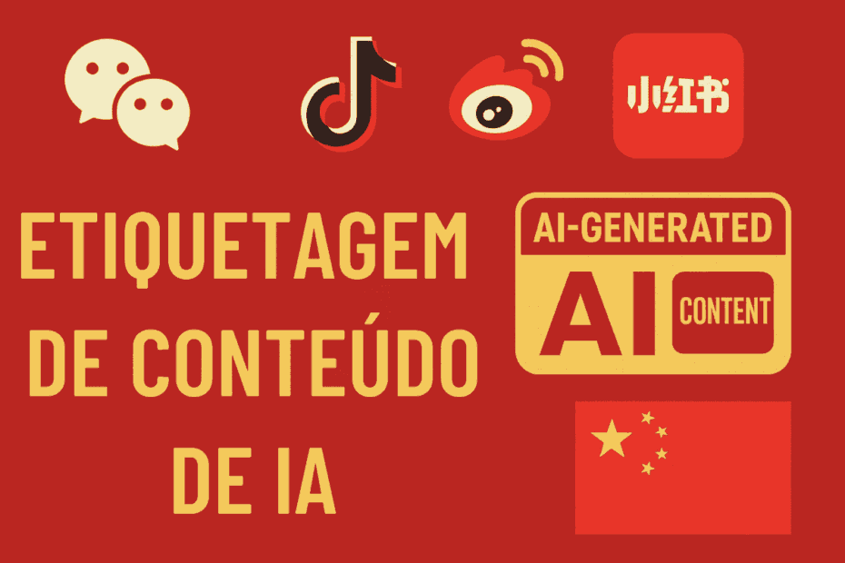 Representação futurista da regulamentação chinesa exigindo rótulos de inteligência artificial em conteúdos digitais para garantir autenticidade.