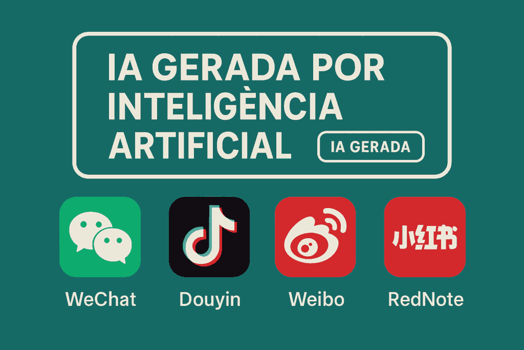 Ícones de redes sociais chinesas como WeChat, Douyin, Weibo e Xiaohongshu exibindo rótulos de conteúdo gerado por IA para maior transparência.