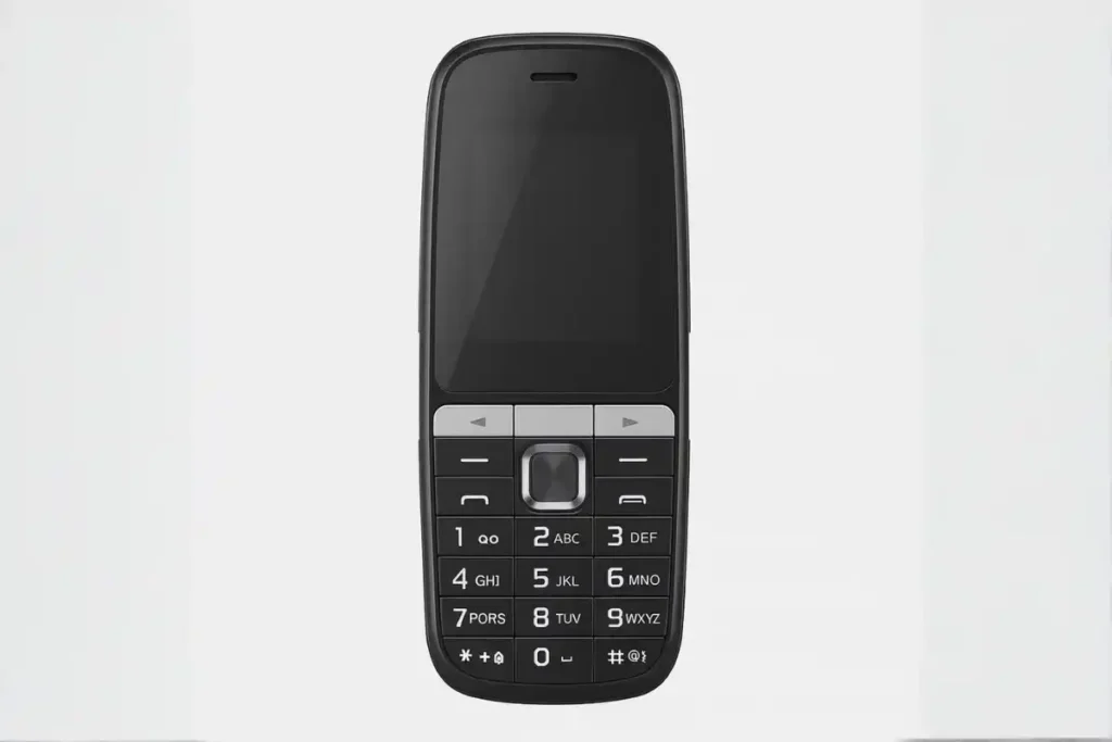 Celular genérico com teclado físico inspirado no Multilaser UP Play P9076, representando um modelo simples e acessível ideal para idosos em 2026.