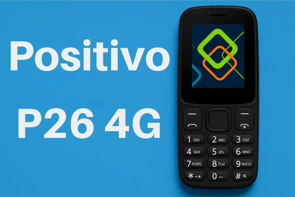 Imagem ilustrativa de um celular genérico com teclado físico e tela pequena, inspirada no Positivo P26 4G, representando tecnologia simples e acessível para idosos em 2026.