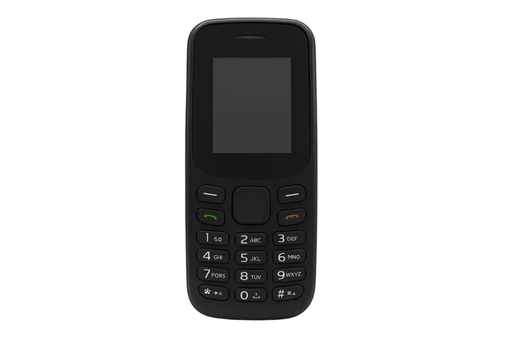 Celular genérico inspirado no Infinity W201, com teclado físico e tela pequena, representando um modelo simples e moderno para idosos.