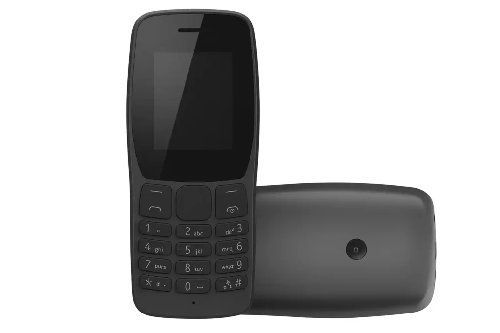 Celular genérico inspirado no Nokia 110, com teclado físico e tela pequena, representando um modelo simples, resistente e ideal para idosos em 2026.