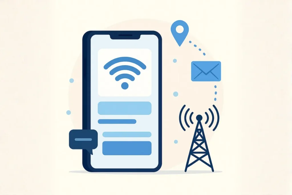 smartphone com ícone de internet e torre de sinal — correios celular