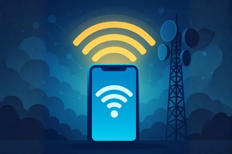 smartphone com sinal de internet e torre de telefonia — correios celular é boa