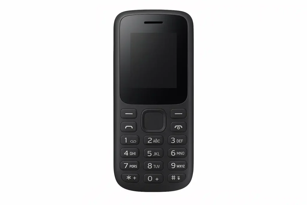 Celular genérico inspirado no Lenoxx CX 904A, com teclado físico e tela pequena, representando um modelo simples e resistente voltado para idosos em 2026.