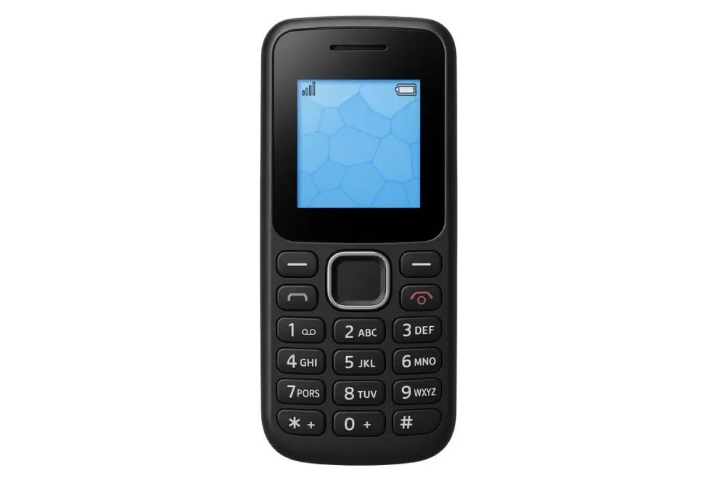 Celular genérico inspirado no LG B220, com teclado físico e tela pequena, representando um modelo simples e resistente ideal para idosos em 2026.