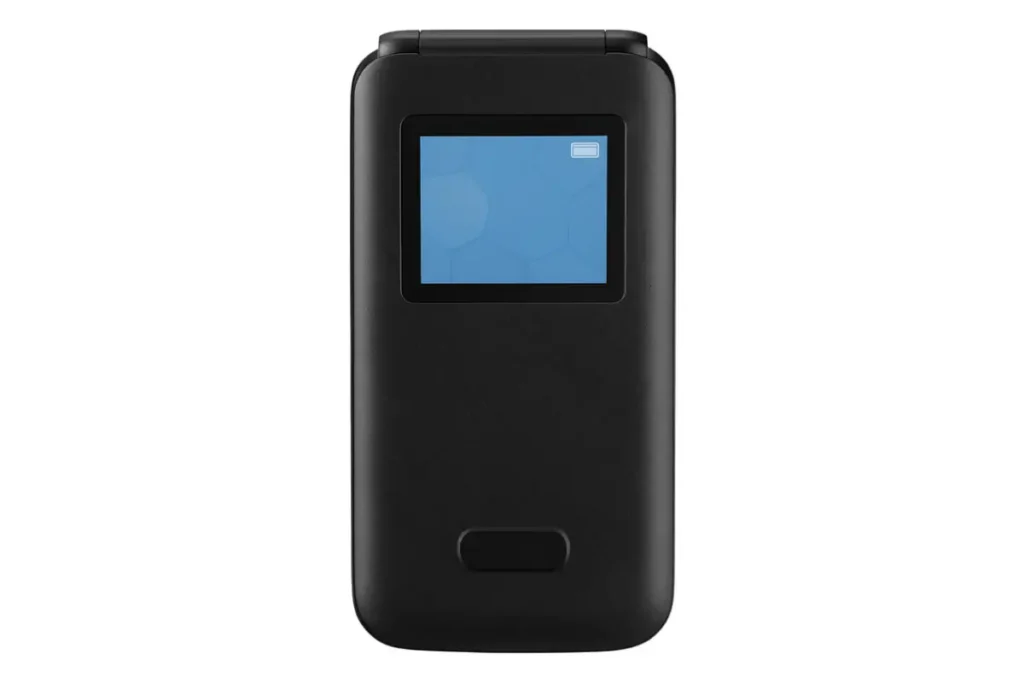 Celular flip genérico inspirado no Multilaser Flip Vita Lite, representando um modelo dobrável simples e moderno, ideal para idosos.