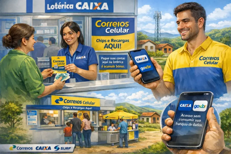 Correios Celular disponível nas casas lotéricas, permitindo compra de chip, planos e recargas com benefícios para clientes da CAIXA
