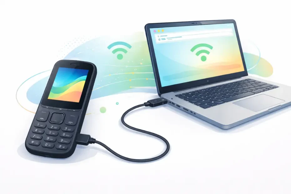 Ilustração de um celular básico com teclado alfanumérico conectado a um notebook por cabo USB, representando o compartilhamento de internet do celular com o PC.