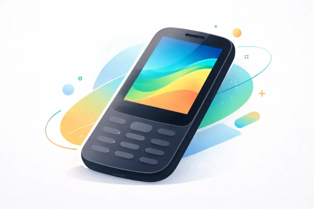 Ilustração conceitual de um celular básico genérico com tela abstrata em gradiente, representando o compartilhamento de internet via USB com o computador.