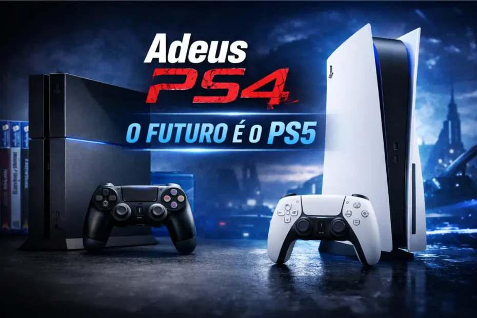 Comparação entre o PlayStation 4 e o PlayStation 5 representando o fim dos jogos de PS4 no PlayStation Plus e a transição para o PS5