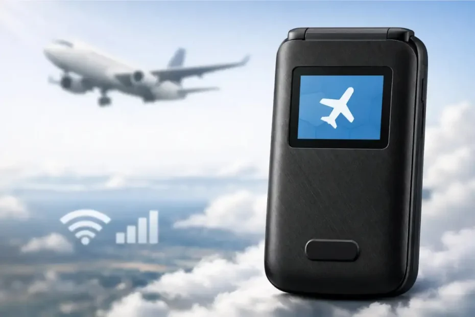 Celular flip genérico fechado com ícone de modo voo exibido na tela externa, representando a função de ativação e desativação do modo avião.