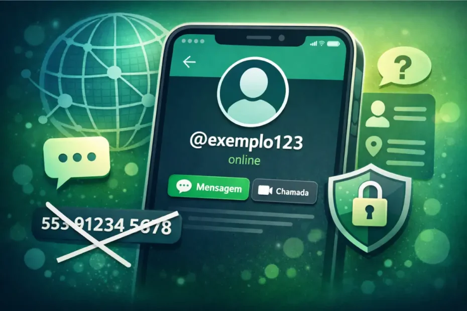Ilustração conceitual de um smartphone exibindo um nome de usuário no lugar do número de telefone, representando mais privacidade em aplicativos de mensagens.