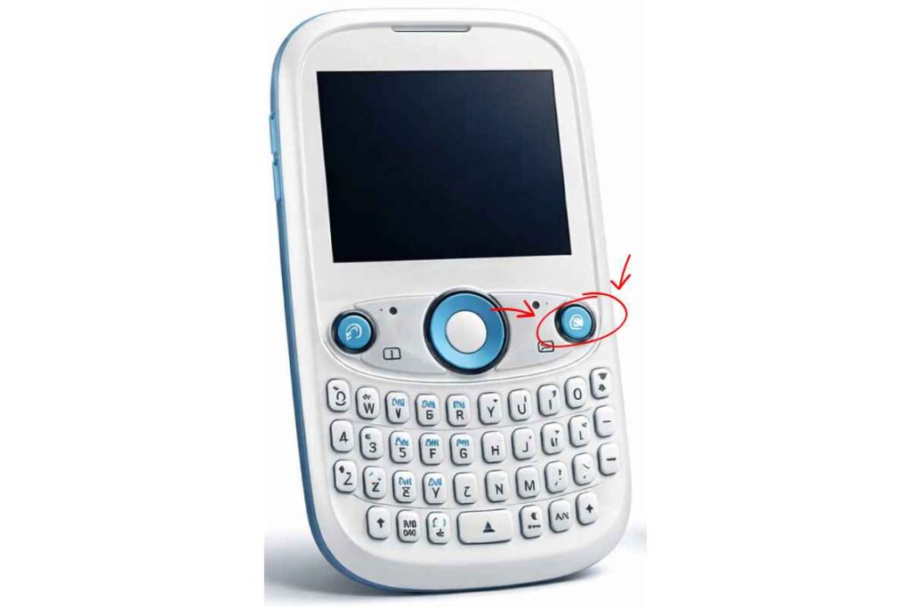 Ilustração de celular simples com teclado físico e tela pequena, inspirada em modelos básicos, usada para fins educativos.