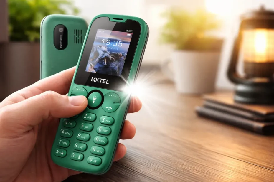 Celular MKTel M2023 com lanterna ligada através do botão de atalho no teclado