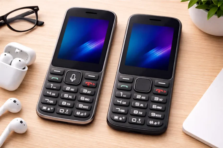 Dois celulares Multi Zapp II genéricos lado a lado mostrando diferença no botão central com e sem microfone