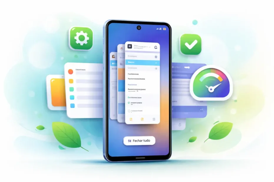 Ilustração minimalista representando um smartphone com aplicativos abertos sendo fechados para melhorar o desempenho do Galaxy A54.