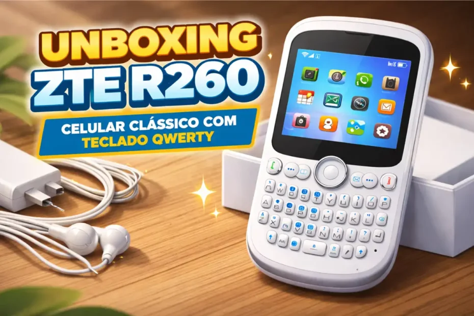 Celular clássico com teclado QWERTY inspirado no ZTE R260 ao lado da caixa e acessórios durante unboxing