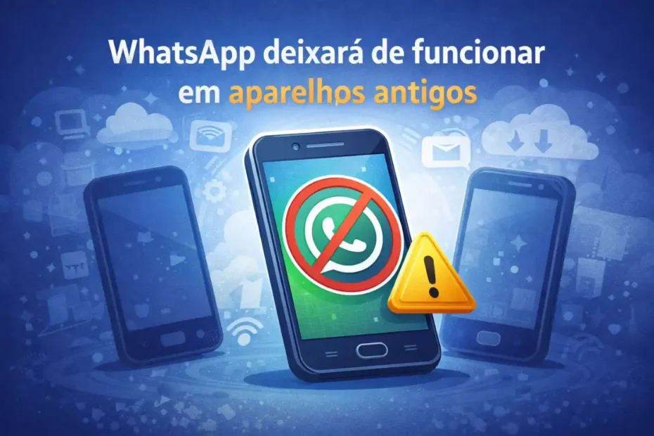 Ilustração mostra o WhatsApp deixando de funcionar em celulares antigos, com alerta de incompatibilidade em aparelhos desatualizados.