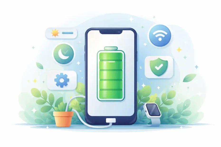 Ilustração de smartphone com bateria cheia e ícones de economia de energia ao redor, representando dicas para fazer a bateria do celular durar mais.