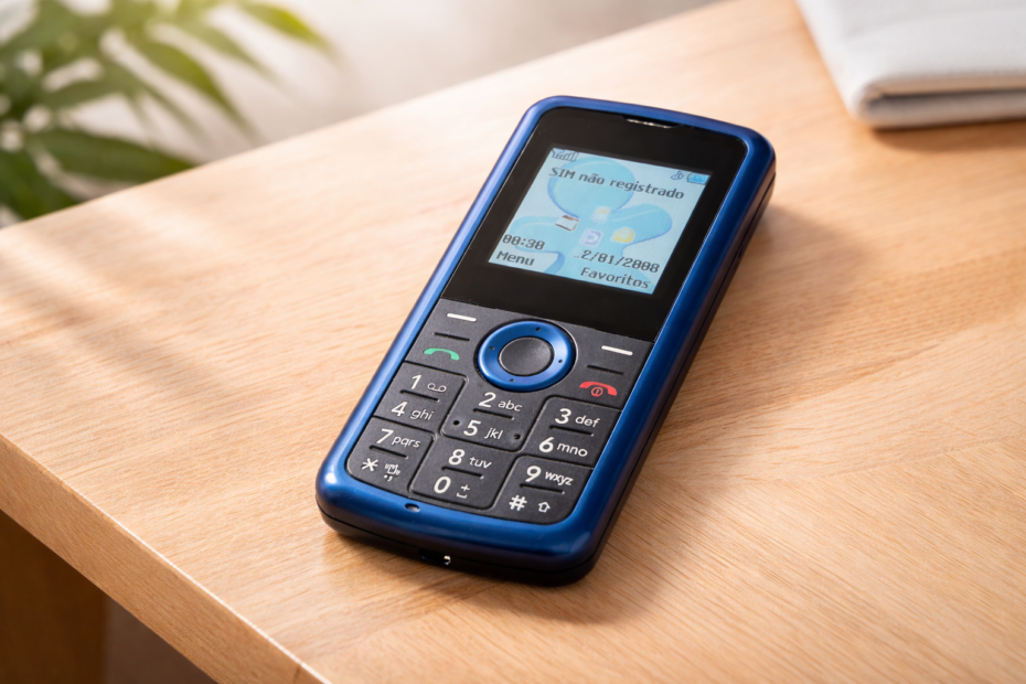 Celular simples com teclado físico em destaque sobre mesa, representando bloqueio de teclado no LG GS107b