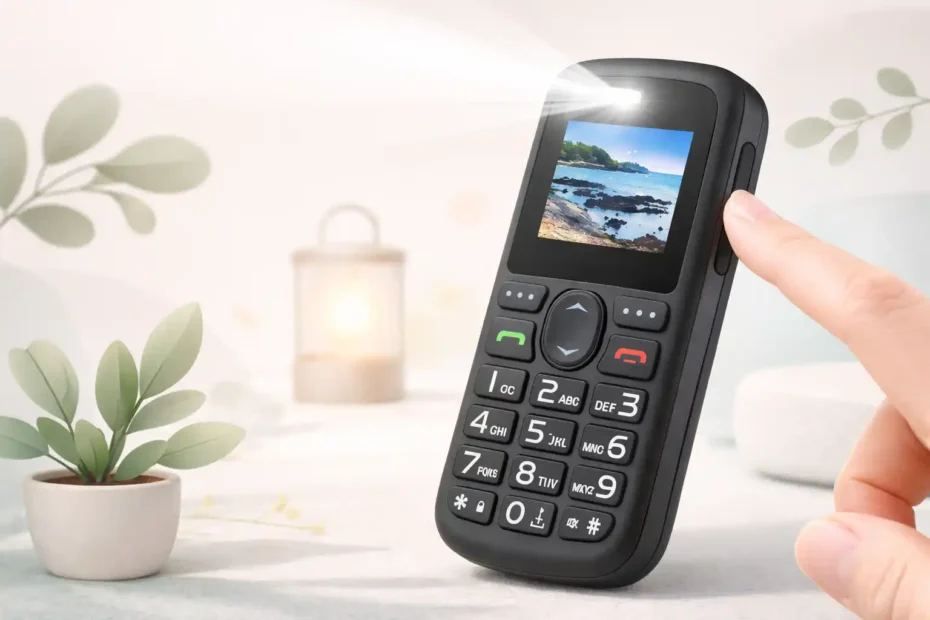 Celular simples com teclado físico emitindo luz da lanterna enquanto um dedo pressiona o botão lateral.
