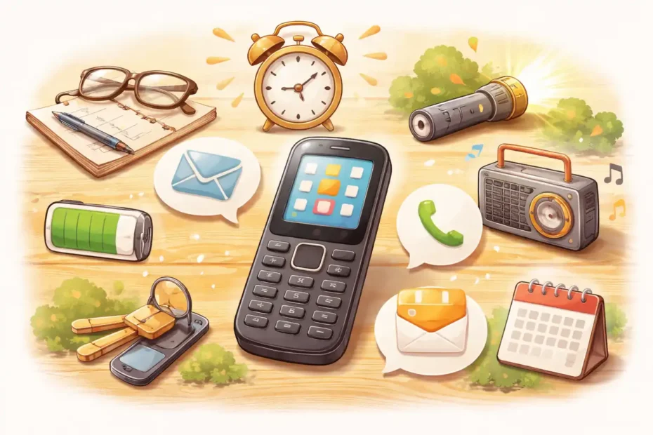 Celular simples com teclado físico cercado por itens do cotidiano como relógio, rádio, lanterna e agenda representando suas funções básicas