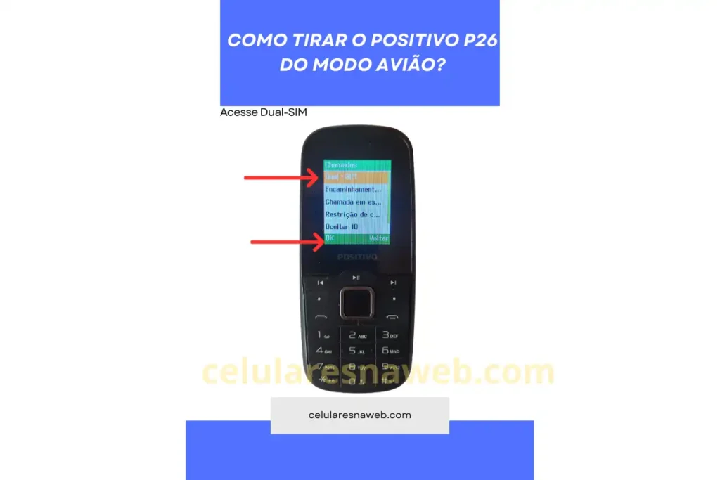 Tela Dual-SIM no modo avião no Positivo P26 mostrando o caminho para acessar as configurações do chip