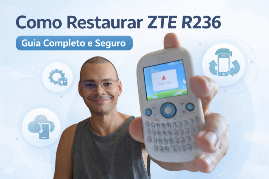 Homem segurando celular ZTE R236 com destaque para tela, ilustrando como restaurar ZTE R236