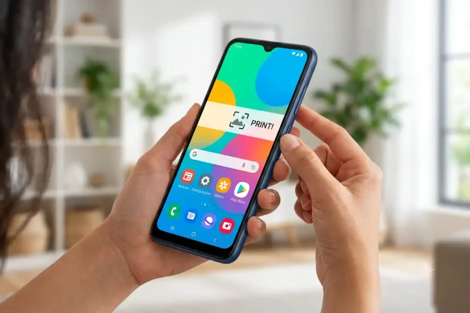 Mão segurando um smartphone genérico com uma notificação de captura de tela escrita Print na tela, ilustrando como tirar print.
