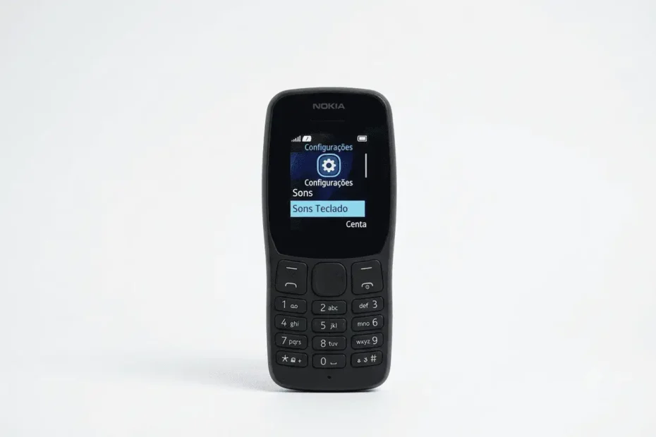Celular Nokia 110 preto centralizado em um fundo branco bem iluminado com a tela exibindo o menu de configurações de som do teclado.