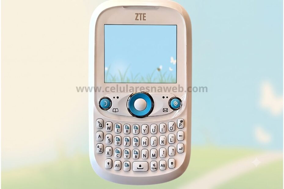 Celular ZTE R236 branco exibindo teclado QWERTY em fundo minimalista para tutorial de exclusão de SMS