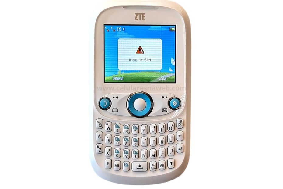 Celular ZTE R236 branco com teclado físico QWERTY para tutorial de como ativar o viva-voz.