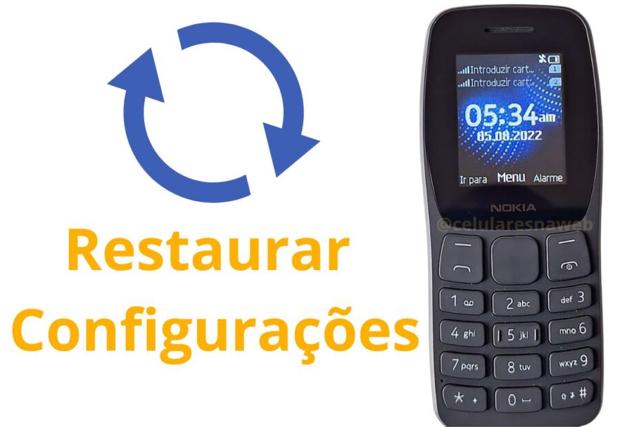 Celular Nokia 105 África Edition preto ao lado do texto Restaurar Configurações e ícone de setas de reinicialização.