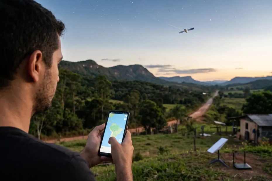 Homem segurando smartphone em uma área rural com antenas e roteador no fundo e satélite visível no céu ao entardecer.